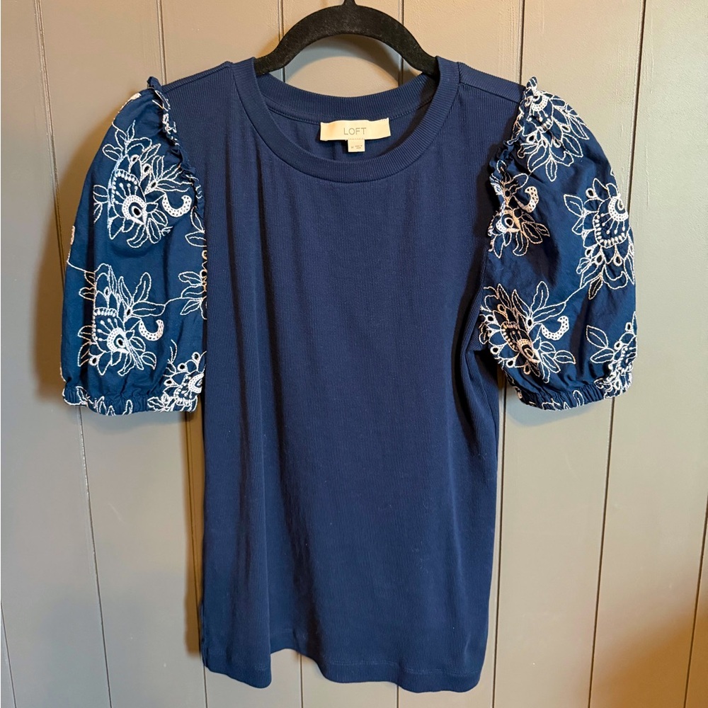LOFT Navy Blue Puff Embroidered Sleeve Top Medium